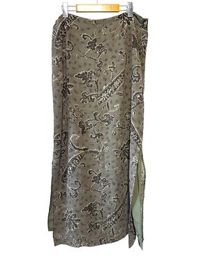 90s STUDIO JAX Olive Paisley Rayon Maxi Skirt Boho Mori Lagenlook Cottagecore